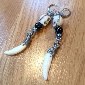 FINAL PRICE Coyote Fang Tourmaline Skull Howlite Stainless Steel Earrings